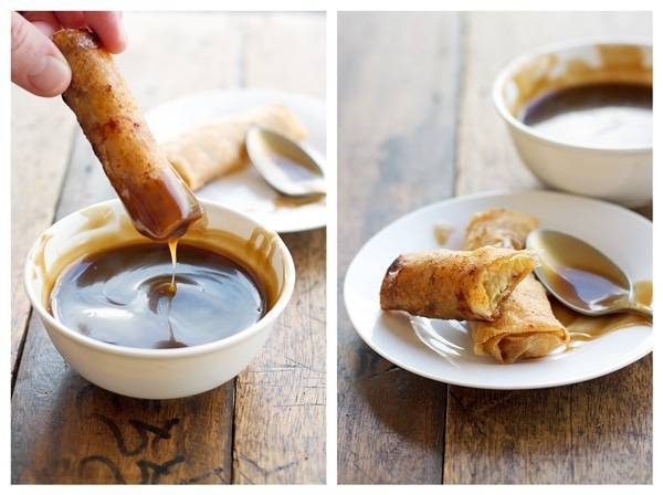 Banana lumpia dunked in caramel.