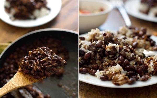Pork adobo with black beans on a wooden spoon and on a white plate.