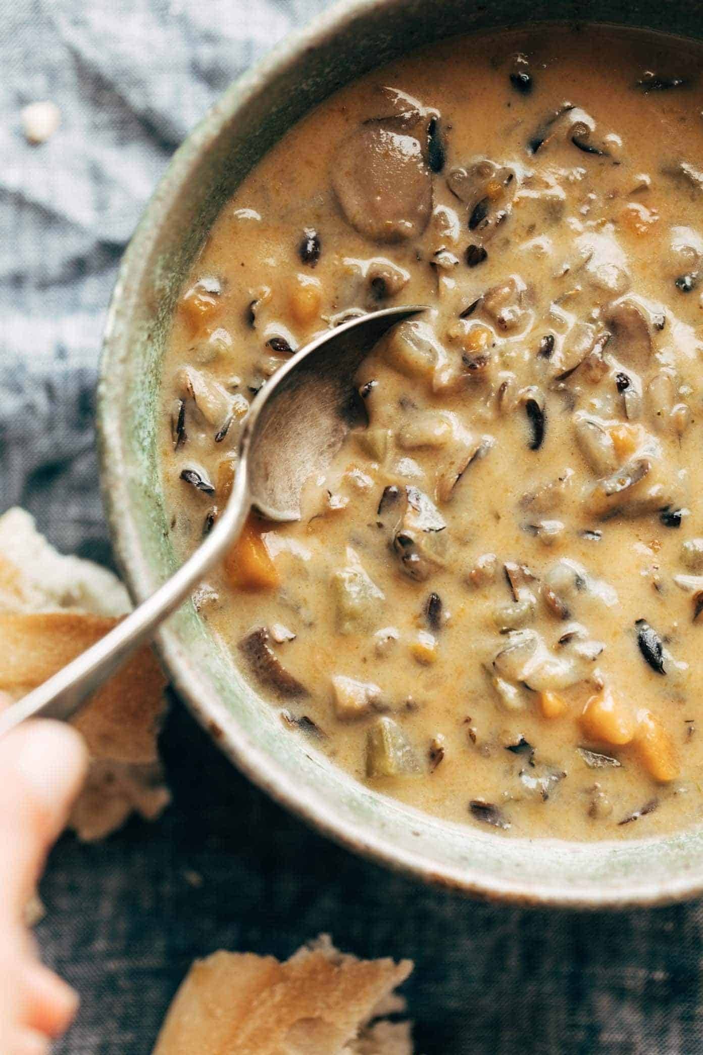 Creamy wild rice soup in a bowl.